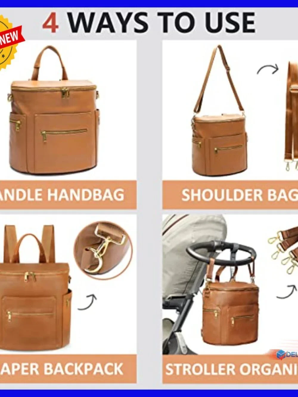 Large Leather Diaper Backpack with Laptop Sleeve & Changing Pad